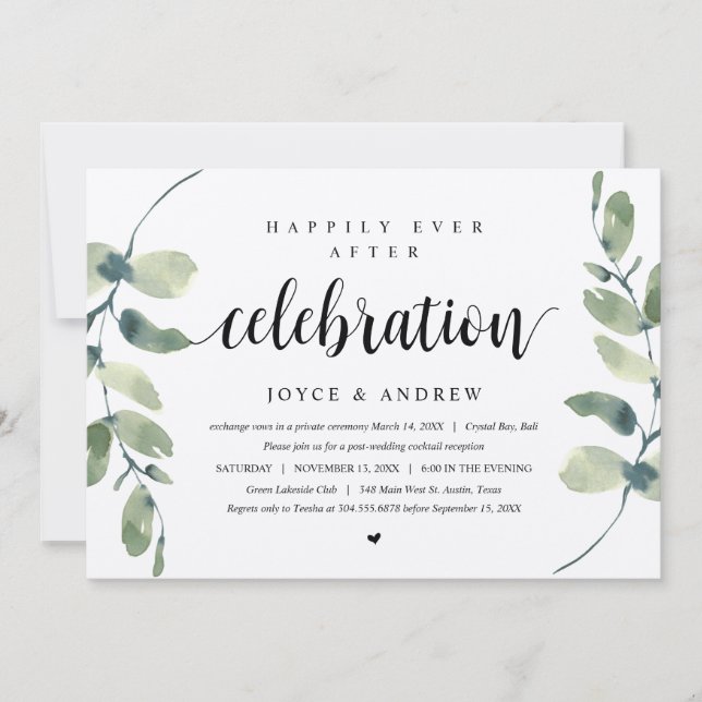 Invitación Eucalipto rústico, celebración de boda fugada I (Anverso)