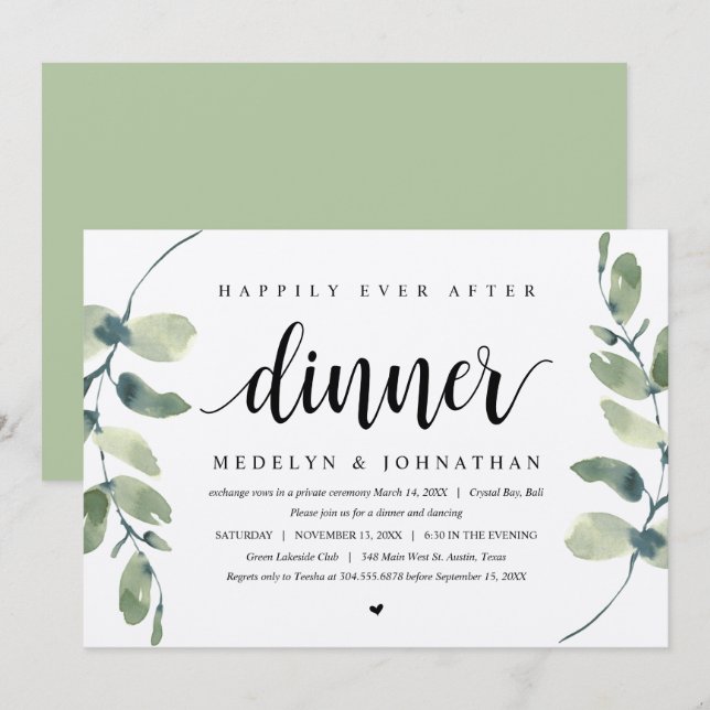 Invitación Eucalipto Rústico, Cena de Elopamiento de Boda (Anverso / Reverso)