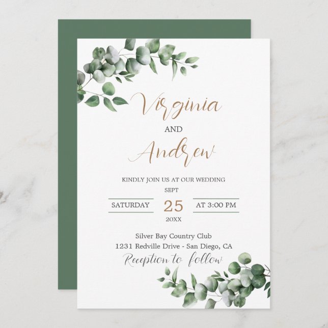 Invitación Eucalipto rústico deja Boda de la vegetación (Anverso / Reverso)