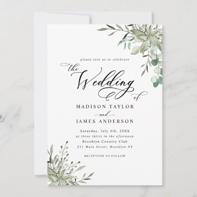 Invitación Eucalipto Rústico Elegante deja Boda de la vegetac (Anverso)