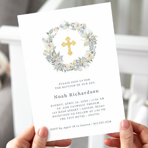 Invitación Eucalipto simple   Faux Gold Cross Baptism