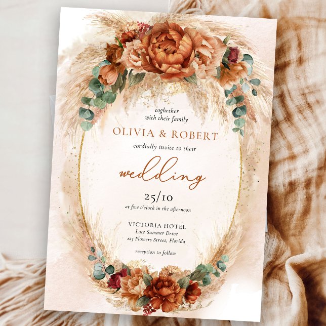 Invitación Eucalipto terracota burgundy y pampas (Amazing wedding invitation featured terracotta and copper flowers mixed burgundy flowers and pampas)