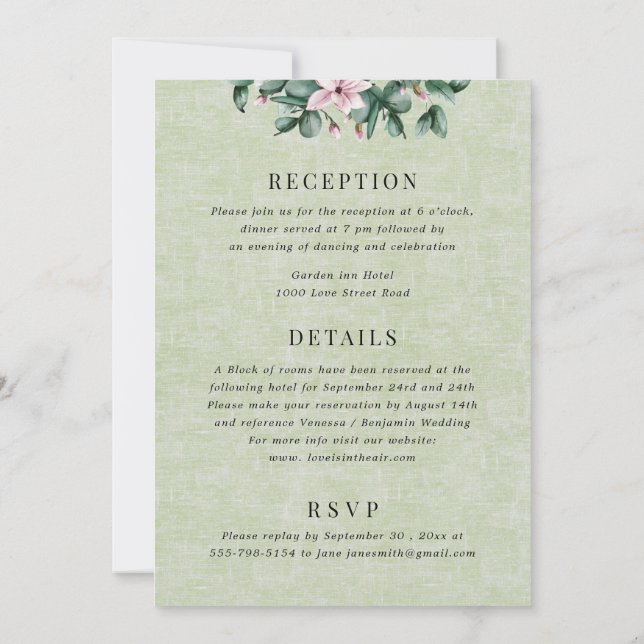 Invitación Eucalipto Todo en un Boda de un monograma verde sa (Reverso)