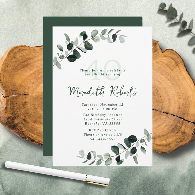 Invitación Eucalipto Vegetación Botánica 40 cumpleaños (Eucalyptus Botanical Greenery Nature-Inspired 40th Birthday Party Invitation)