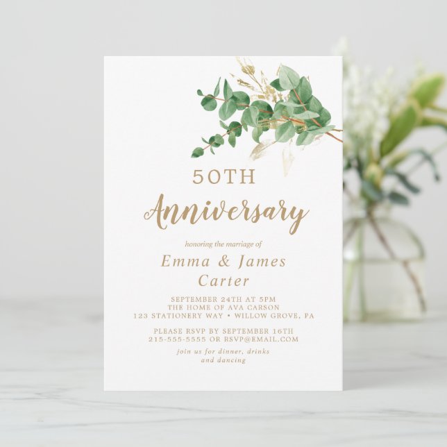 Invitación Eucalipto venado de oro 50 aniversario Boda (Anverso de pie)