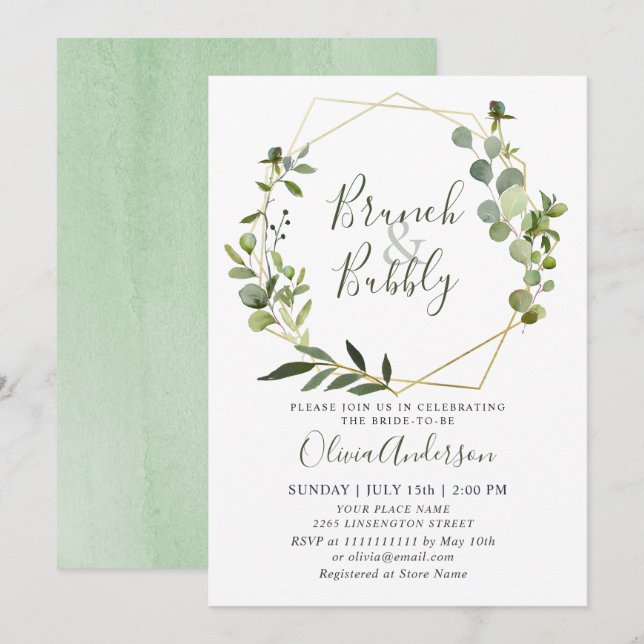 Invitación Eucalipto Verde Acuarela BRUNCH ESPUMOSO (Anverso / Reverso)