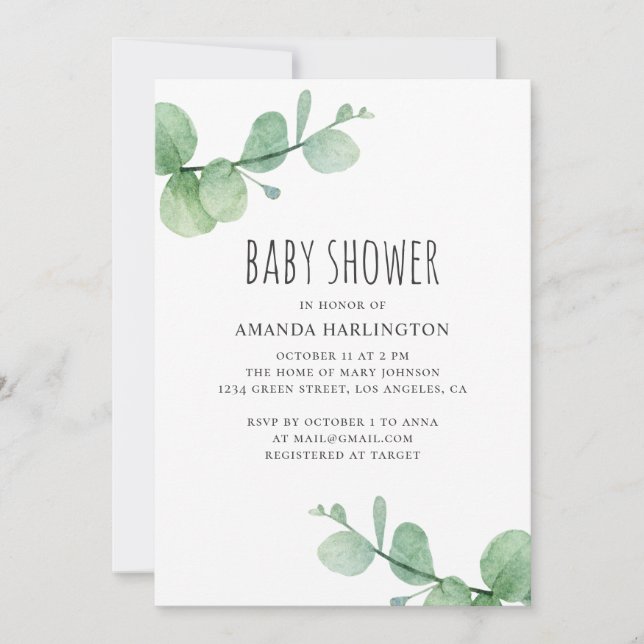 Invitación Eucalipto verde acuarela. Ducha de bebé verde (Anverso)