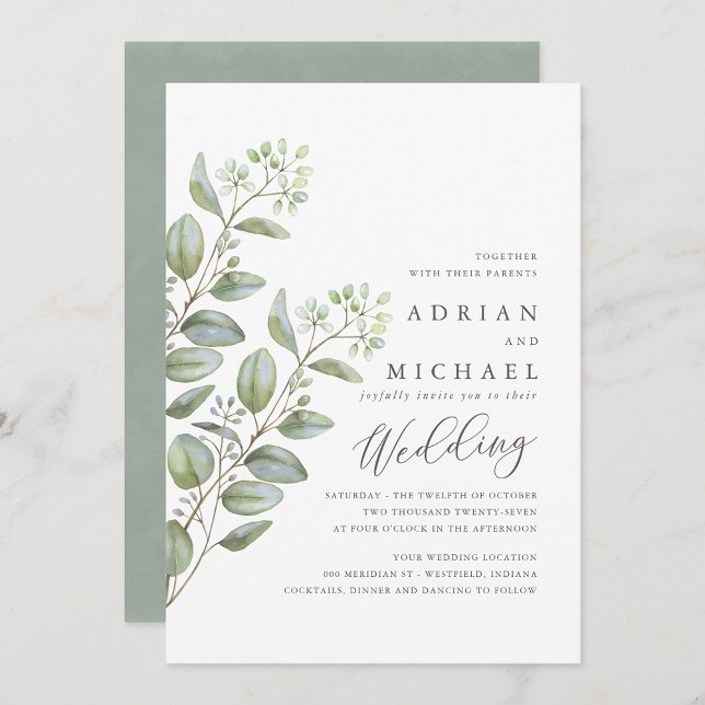 Invitación Eucalipto Verde Azul Boda de Caída Simple (Subido por el creador)