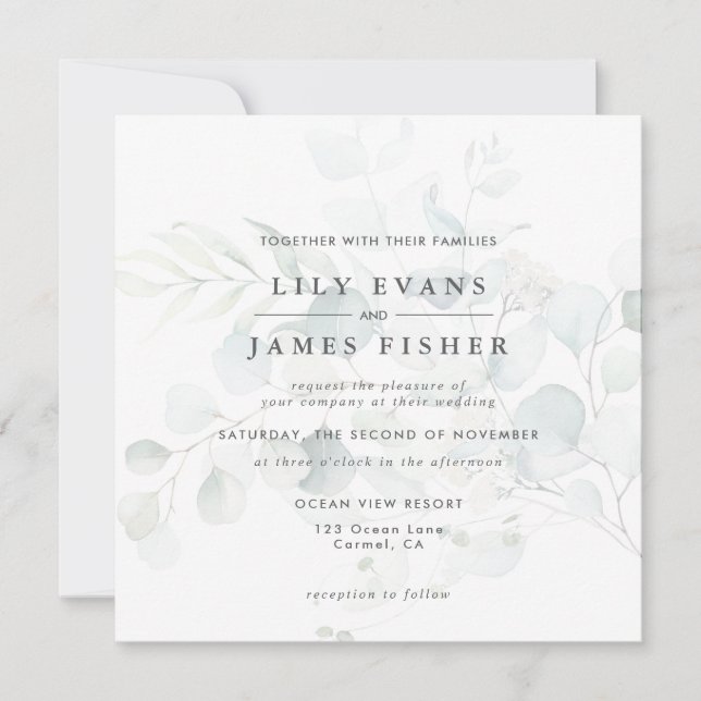 Invitación Eucalipto Verde Azul Foliage Bouquet Boda (Anverso)