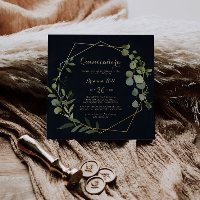 Invitación Eucalipto verde azul oro geométrico Quinceañera (Subido por el creador)