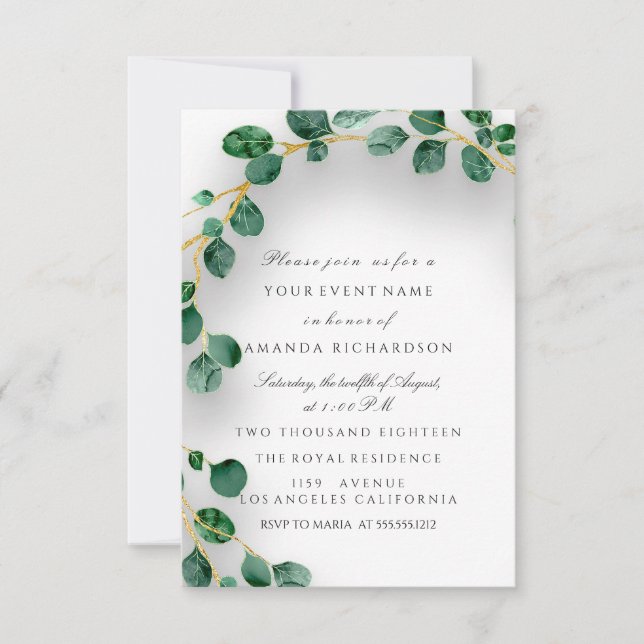 Invitación Eucalipto Verde Blanco Boda Dulce 16 (Anverso)