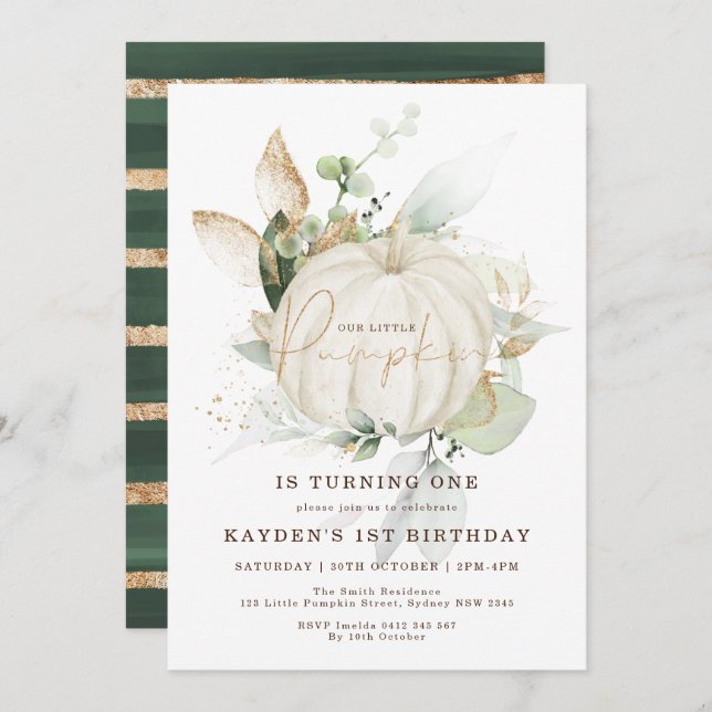 Invitación Eucalipto Verde Calabaza de Oro Neutral Cumpleaños (Anverso / Reverso)