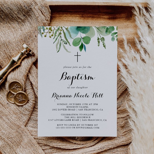 Invitación Eucalipto Verde Caligrafía Botánica Bautismo (Subido por el creador)