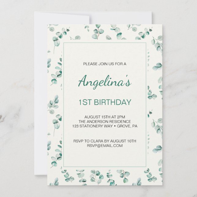 Invitación Eucalipto Verde deja su primer cumpleaños (Anverso)