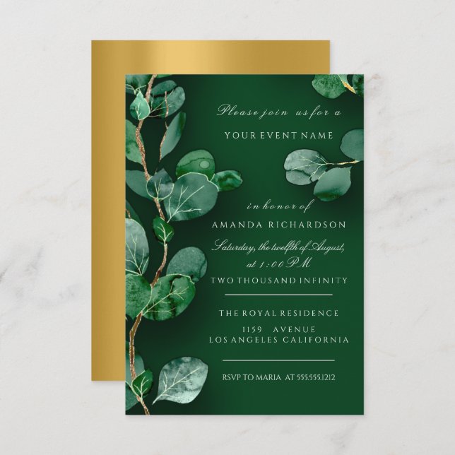 Invitación Eucalipto Verde Dorado Boda Aniversario (Anverso / Reverso)