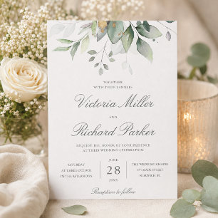 Invitación Eucalipto Verde Dorado Elegante Boda