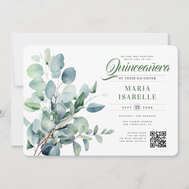 Invitación Eucalipto verde esmeralda Código QR Quinceañera (Anverso)