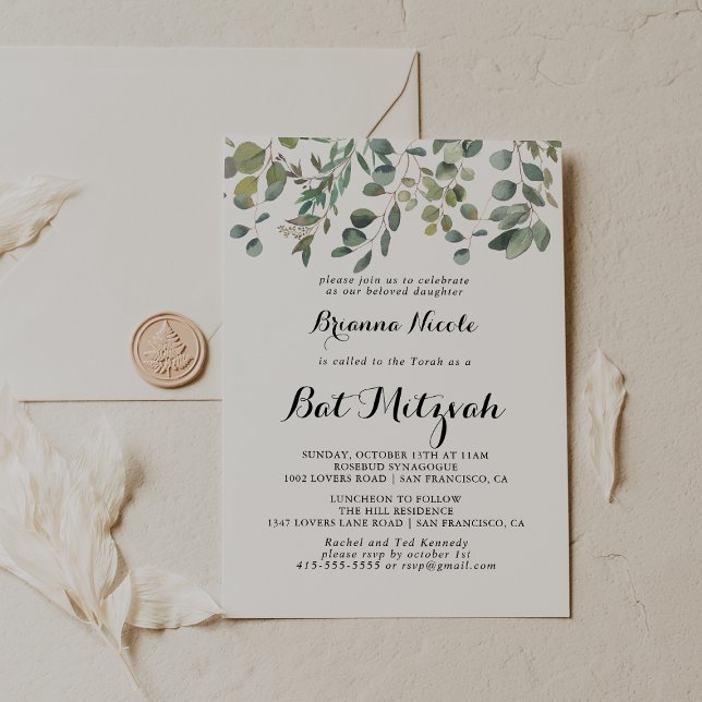 Invitación Eucalipto Verde Foliage Delight Bat Mitzvah (Subido por el creador)