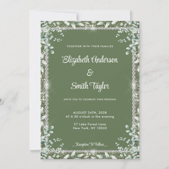 Invitación Eucalipto Verde Masaje Moderno Y Boda De Diamantes (Anverso)