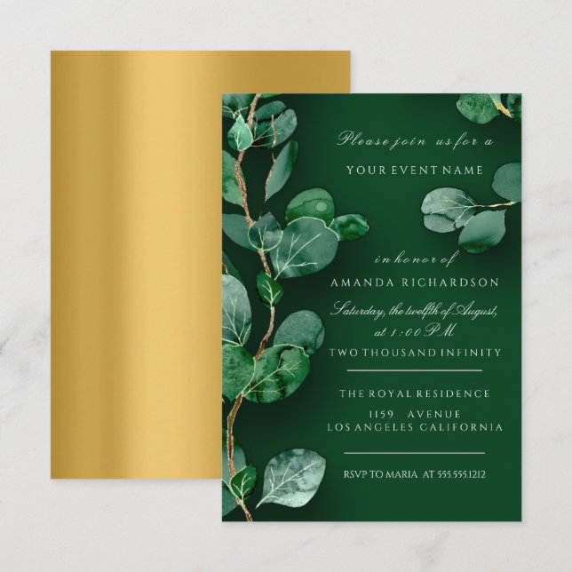 Invitación Eucalipto Verde Oro Bodas Cumpleaños Aniversario (Anverso / Reverso)
