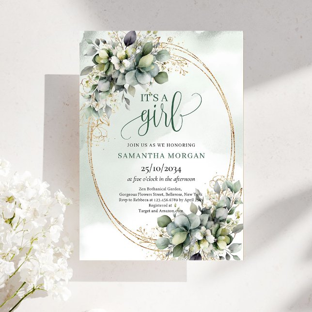 Invitación Eucalipto Verde Oro Es Una Niña (Green Gold Eucalyptus Look It’s A Girl Invitation)