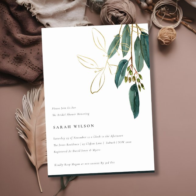 Invitación Eucalipto Verde Oro Sencillo Foliage Ducha de novi (Subido por el creador)