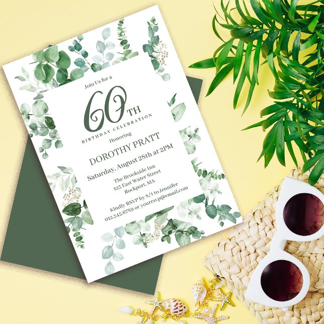 Invitación Eucalipto Verde Oscuro Fiesta de Cumpleaños 60 (Need matching party supplies? Welcome signs, napkins, paper plates, something else. Message me!)