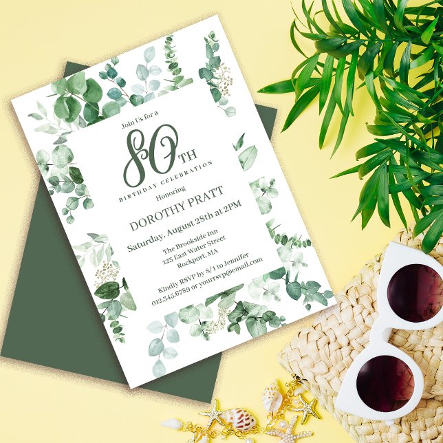 Invitación Eucalipto Verde Oscuro Fiesta de Cumpleaños 80 (Need matching party supplies? Welcome signs, napkins, paper plates. Something else? Message me!)