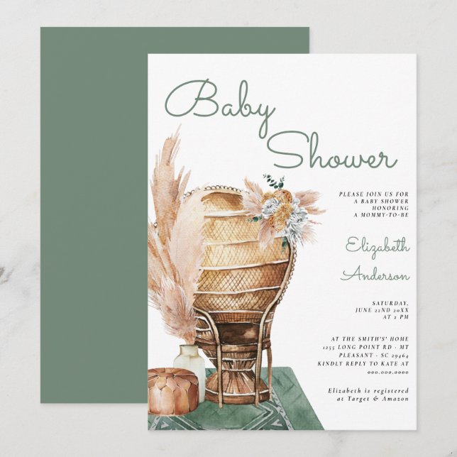 Invitación Eucalipto Verde Pampas Boho Baby Shower  (Anverso / Reverso)