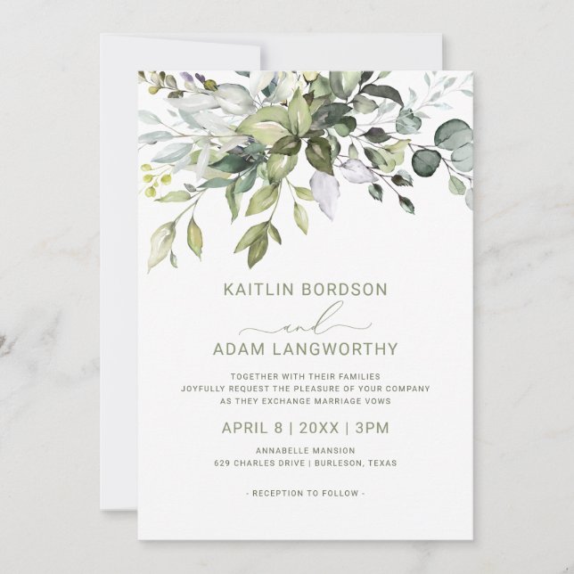 Invitación Eucalipto Verde Para Boda Aquarela Herbal (Anverso)
