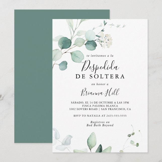 Invitación Eucalipto Verde Verano Ducha de Novias Española (Anverso / Reverso)