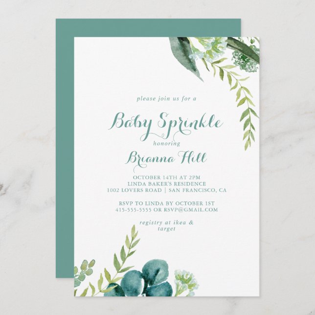 Invitación Eucalipto Verde Vintage Bebé Sprinkle (Anverso / Reverso)