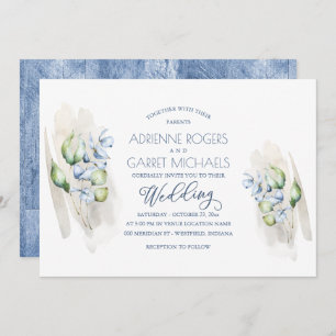 Invitación Eucalipto verde y azul turbio Boda de madera rústi