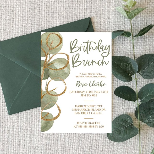 Invitación Eucalipto verde y brunch de cumpleaños de Relieve  (Subido por el creador)
