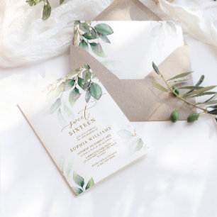 Invitación Eucalipto verde y dorado dulce 16 cumpleaños