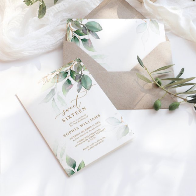Invitación Eucalipto verde y dorado dulce 16 cumpleaños (Subido por el creador)
