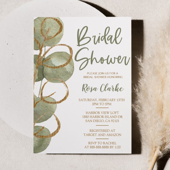 Invitación Eucalipto verde y ducha de Relieve metalizado dora (Subido por el creador)