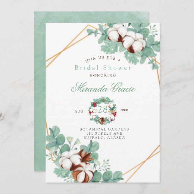 Invitación Eucalipto verde y ducha mareal de algodón (Anverso / Reverso)