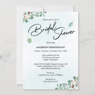 Invitación Eucalipto verde y flores de algodón ducha de novia