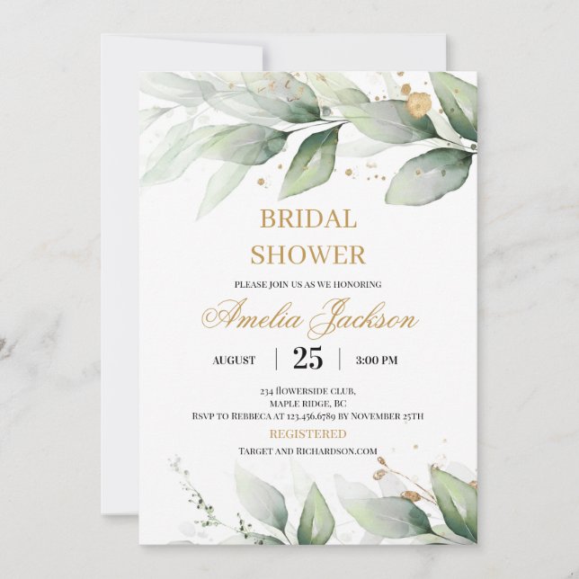 Invitación Eucalipto verde y novia chispeante de oro (Anverso)