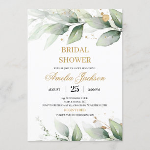 Invitación Eucalipto verde y novia chispeante de oro