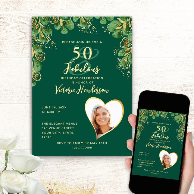 Invitación Eucalipto verde y oro esmeralda 50 cumpleaños (Custom Birthday Invitation with Emerald Green Design)
