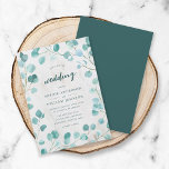 Invitación Eucalipto y Boda de Mármol<br><div class="desc">Esta invitación a la boda incluye hojas de eucalipto con las palabras "boda" en un guión de moda, todo con un fondo de mármol pálido en el frente y un color verde oscuro verde azulado en el fondo. Personalízalo reemplazando el texto del marcador de posición. Para obtener más opciones, como...</div>