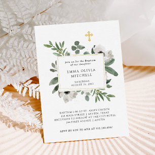 Invitación Eucalipto y flores blancas elegantes   Bautismo