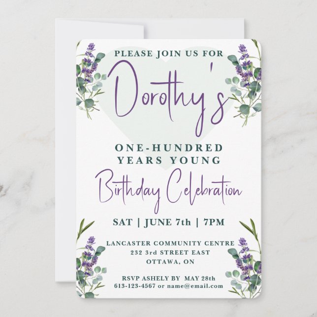 Invitación Eucalipto y Lavanda 100 Cumpleaños (Anverso)