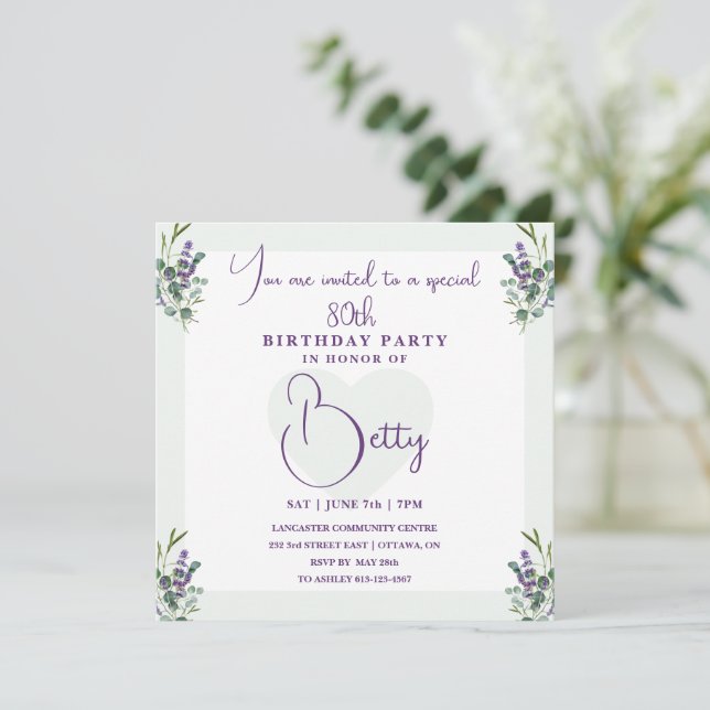 Invitación Eucalipto y Lavanda 100 Cumpleaños (Anverso de pie)