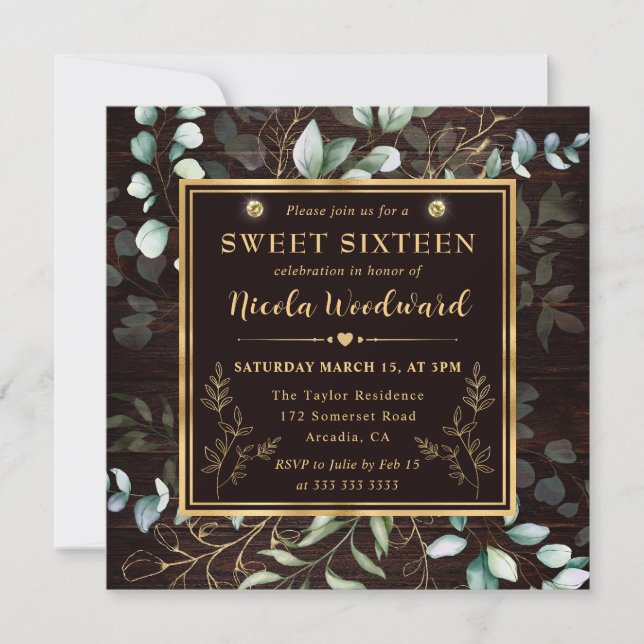 Invitación Eucalipto y marco dorado Sweet 16 (Anverso)