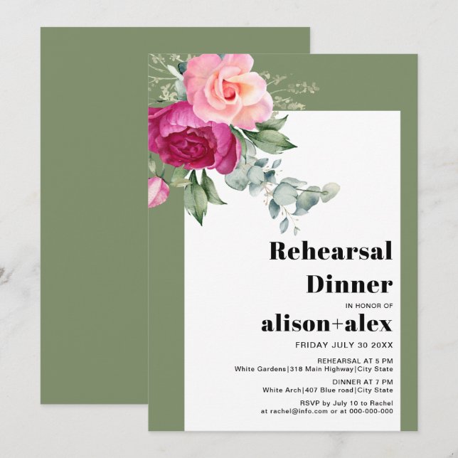 Invitación Eucalipto y rosas rosas rosas rosas bodas de ensay (Anverso / Reverso)