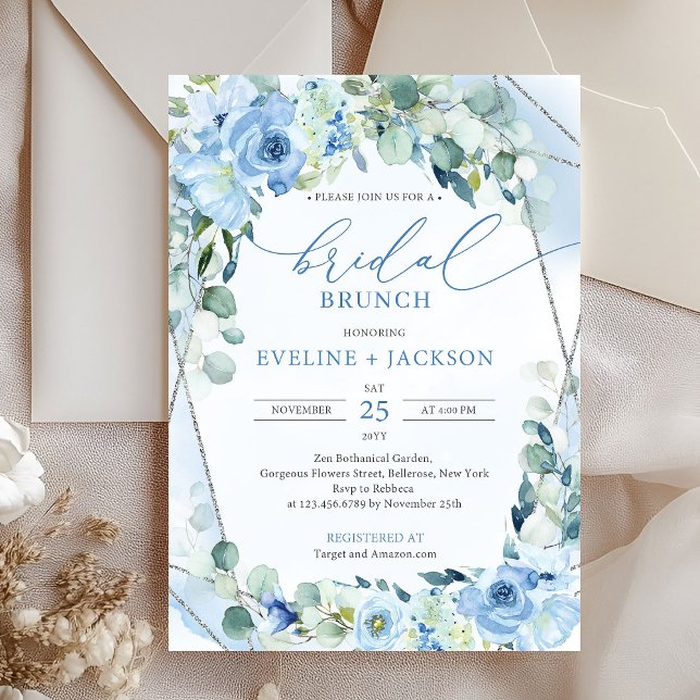 Invitación Eucaliptos azules y plateados Brunaje de novia (silver and blue flowers eucalyptus bridal brunch invitation digital)