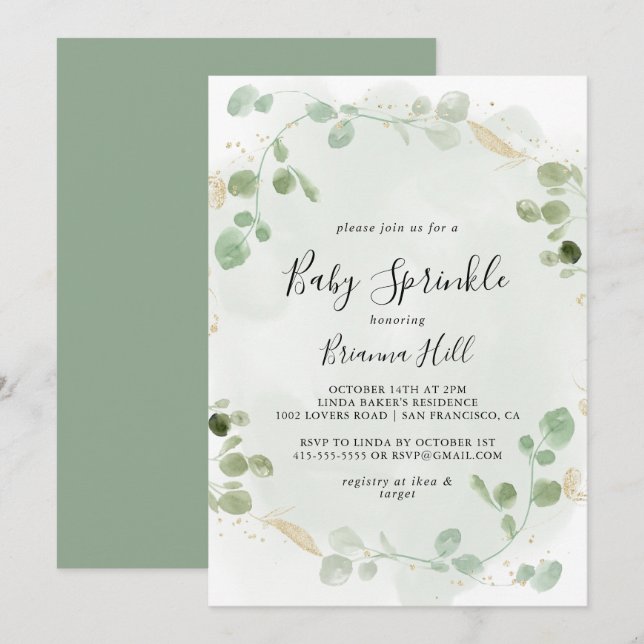 Invitación Eucaliptos de confeti de oro Foliage Baby Sprinkle (Anverso / Reverso)